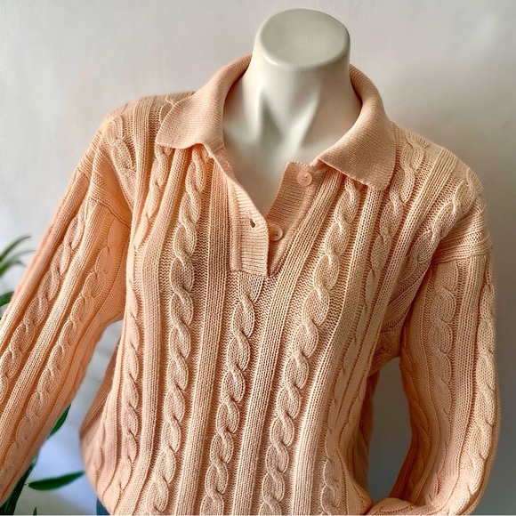 v i n t a g e :: Slouchy Pastel Cable Knit Polo Sweater